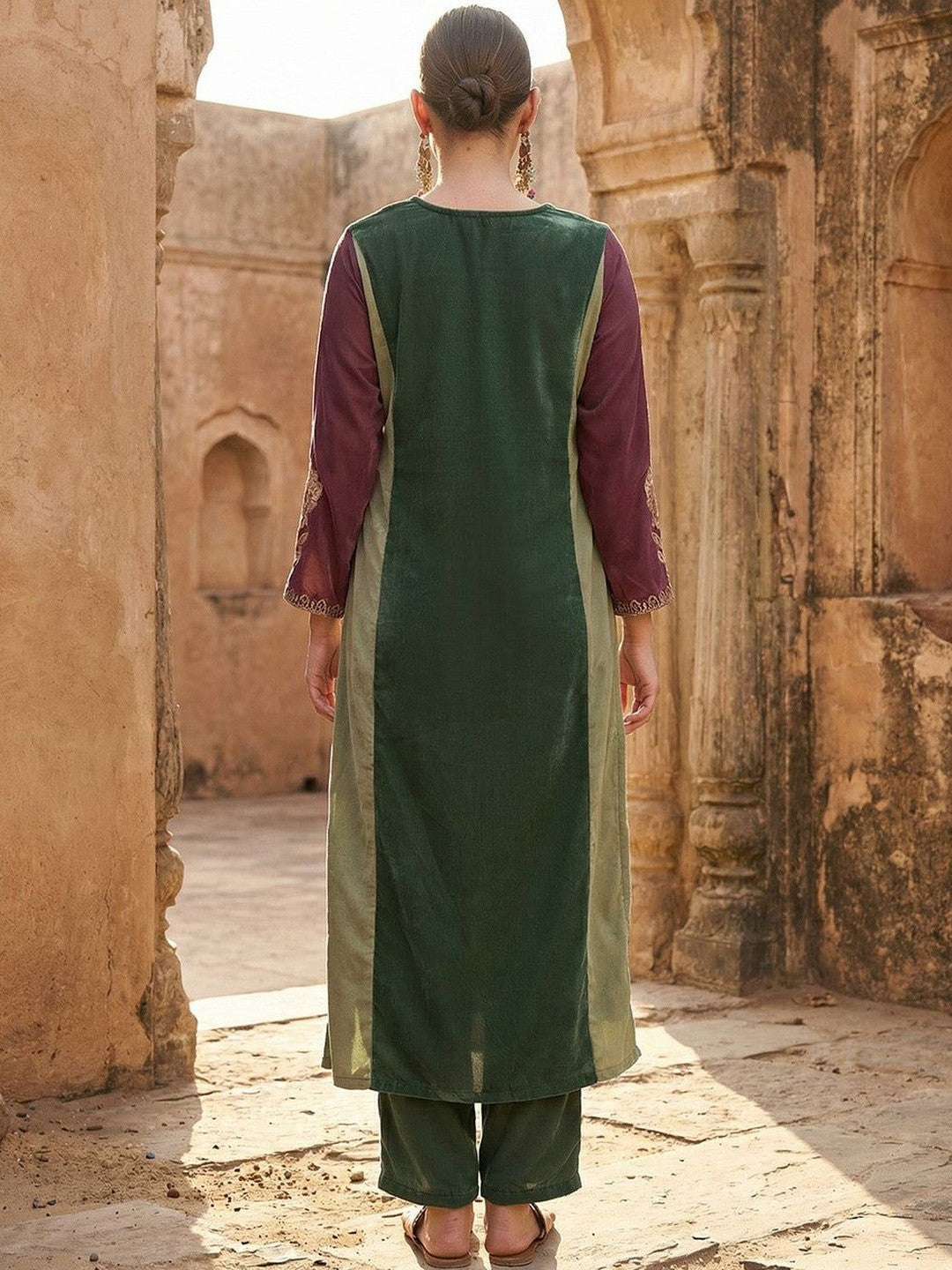 Rich Royal Green Embroidered Straight Fit Kurta sets in Velvet