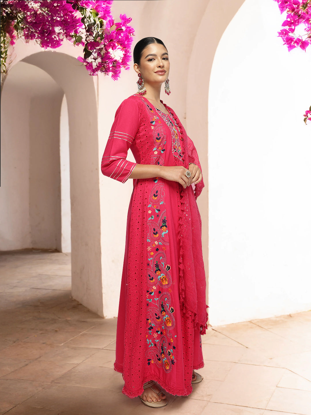 Graceful Pink  Rayon Schiffli Embroidered A-line Kurta Set with dupatta