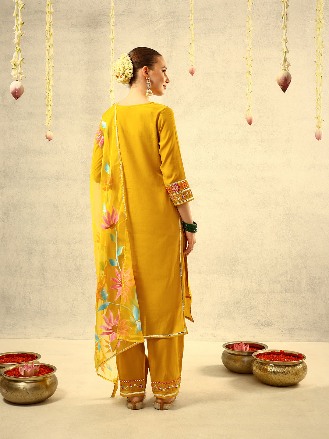 Mustard Mirror & Thread Embroidered  Festive Kurta with Trouser & hand painted Dupatta