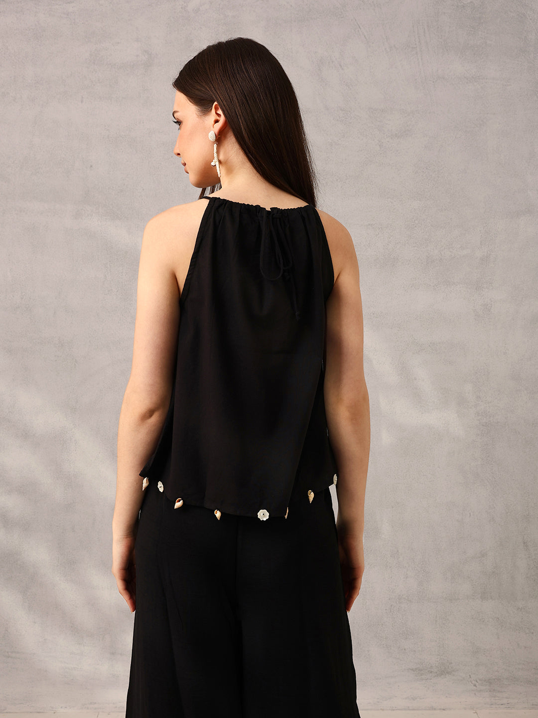 Ishin Black Layered Top with Shells Embellishment
