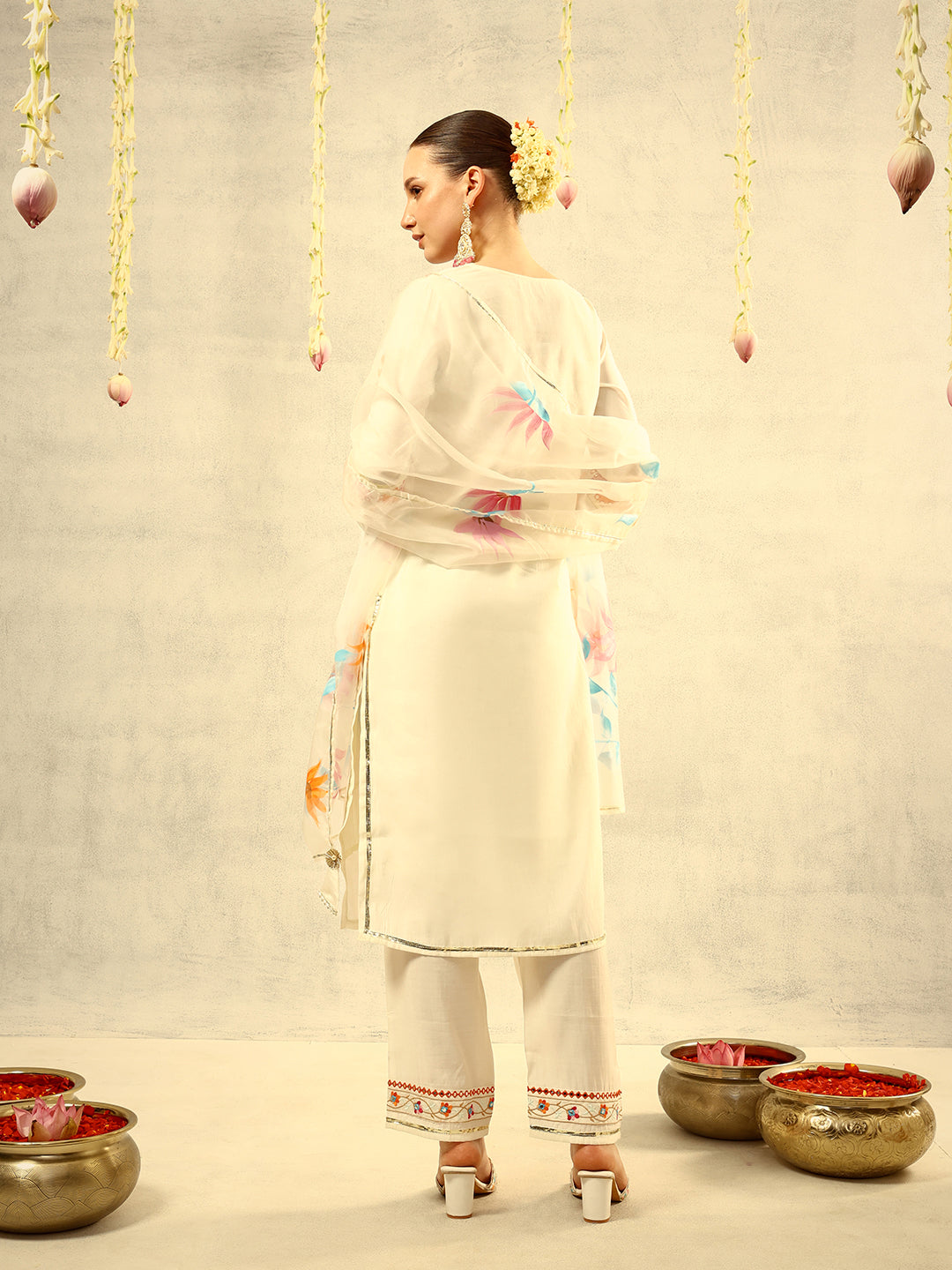 Off White Mirror & Thread Embroidered  Festive Kurta with Trouser & hand painted Dupatta
