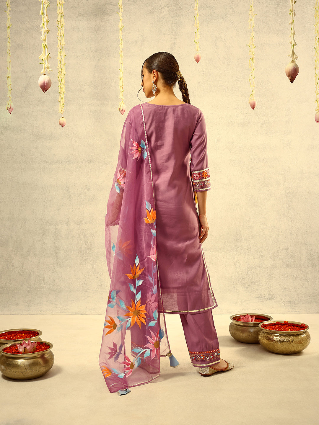 Purple Mirror & Thread Embroidered  Festive Kurta with Trouser & hand painted Dupatta
