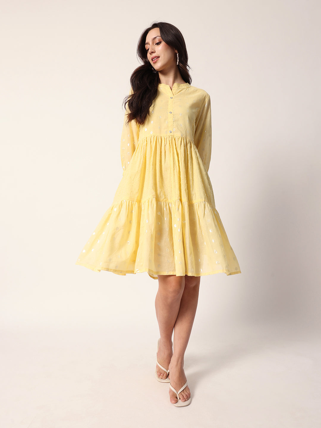 Comfy Yellow Cotton Dobby foilprint Tiered dress