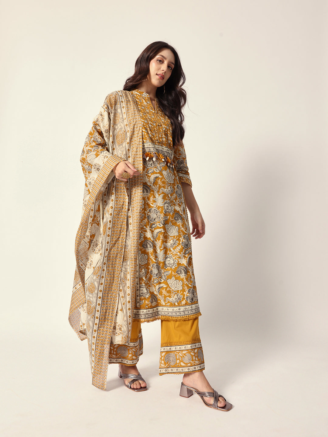 Comfy Yellow cotton floral printed with embroidery straight fit kurta set with dupatta