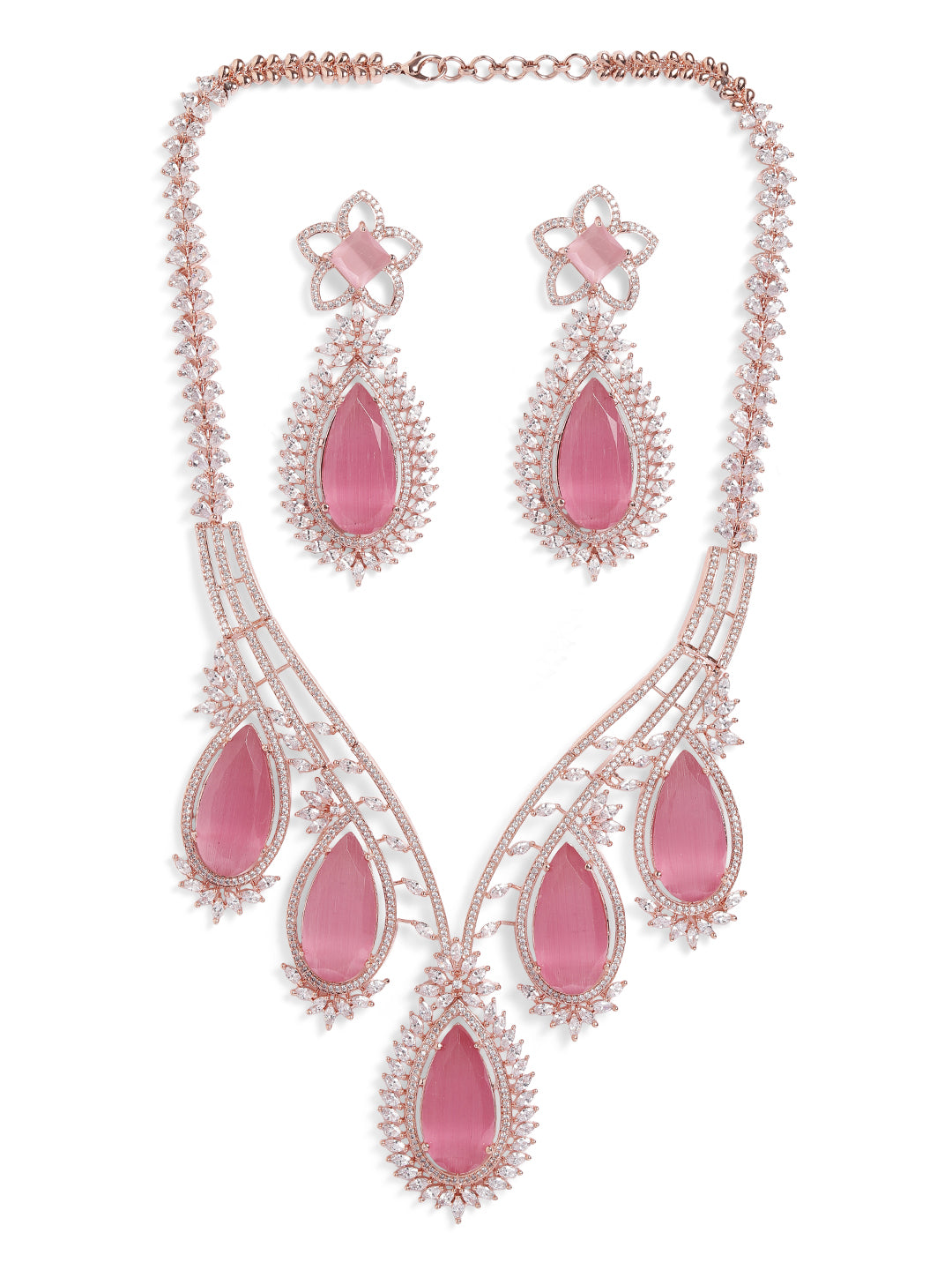 Pink Colour Silver Plated AD Jewellery Set