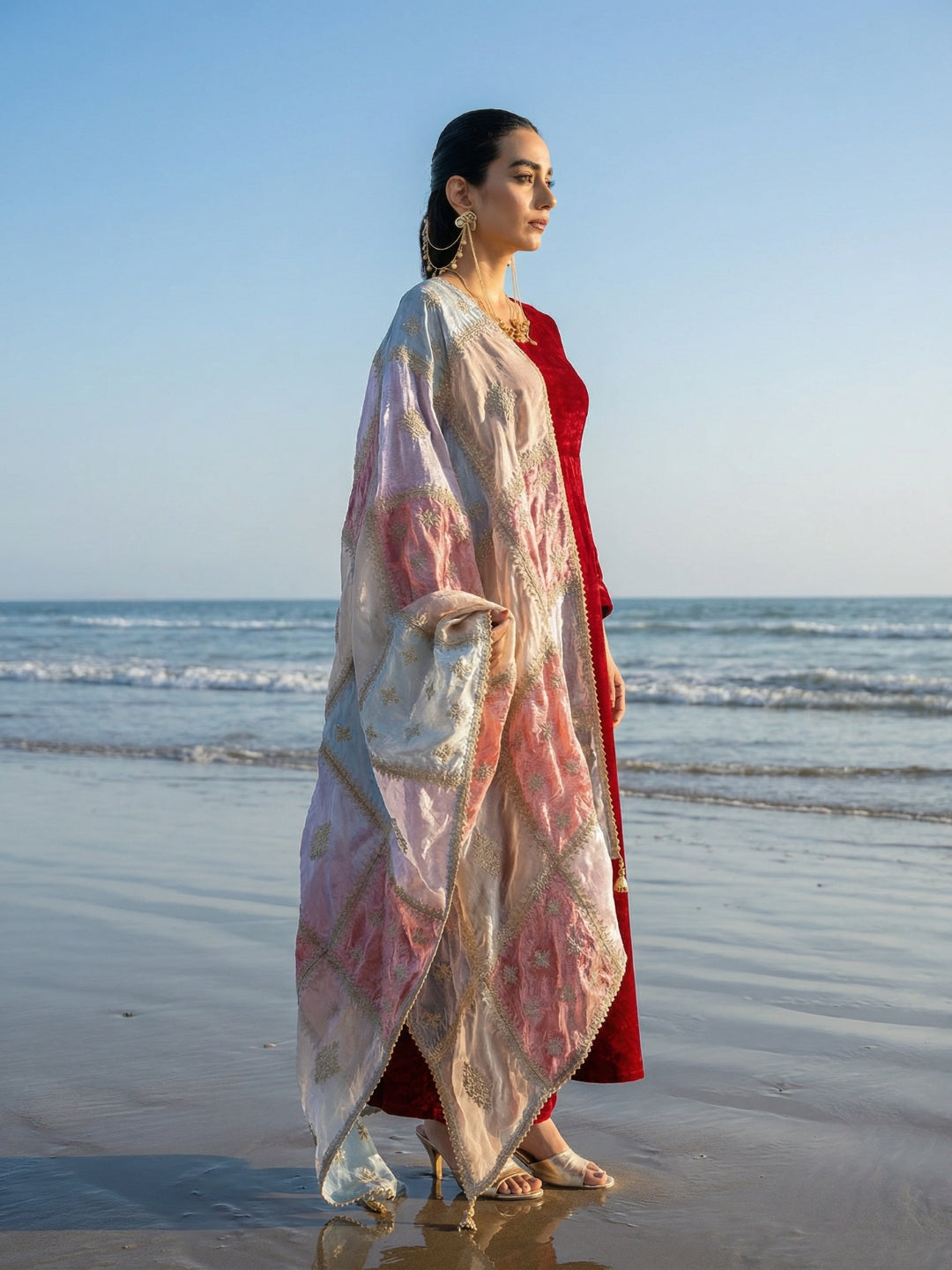 Rich Maroon Organza Patchwork Embroidered Anarkali Kurta Set