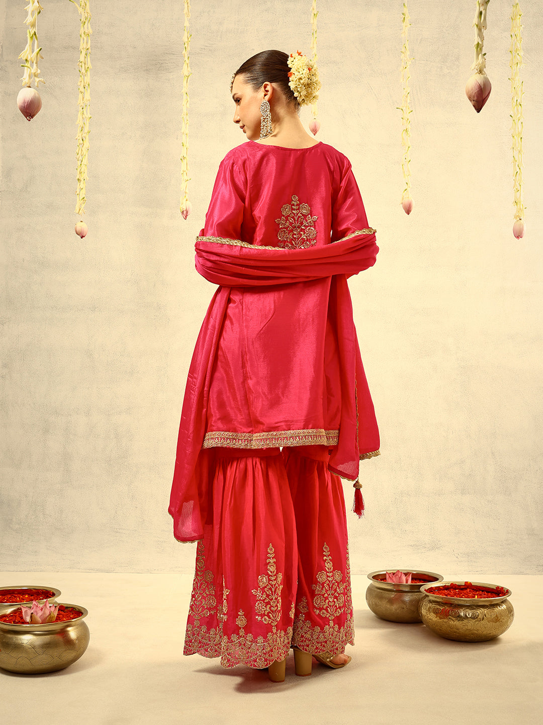Ishin Pink Cording & Zari Embroidered  Festive Kurta with Sharara & Embellished Dupatta