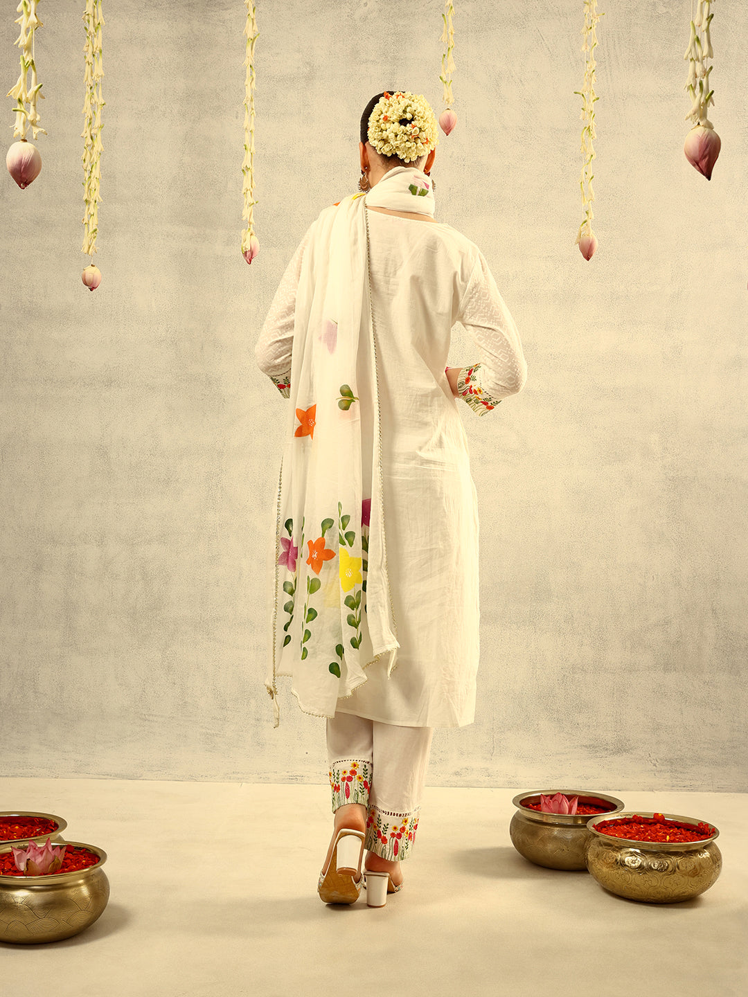 Off White Multi Coloured Thread Embroidered Kurta with Trouser and Hand Painted Dupatta