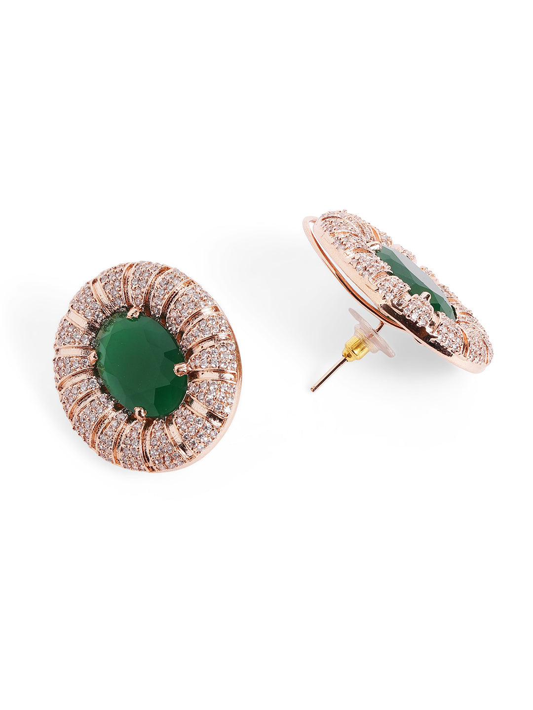 Green Colour Rose Gold Plated AD Studs Earring