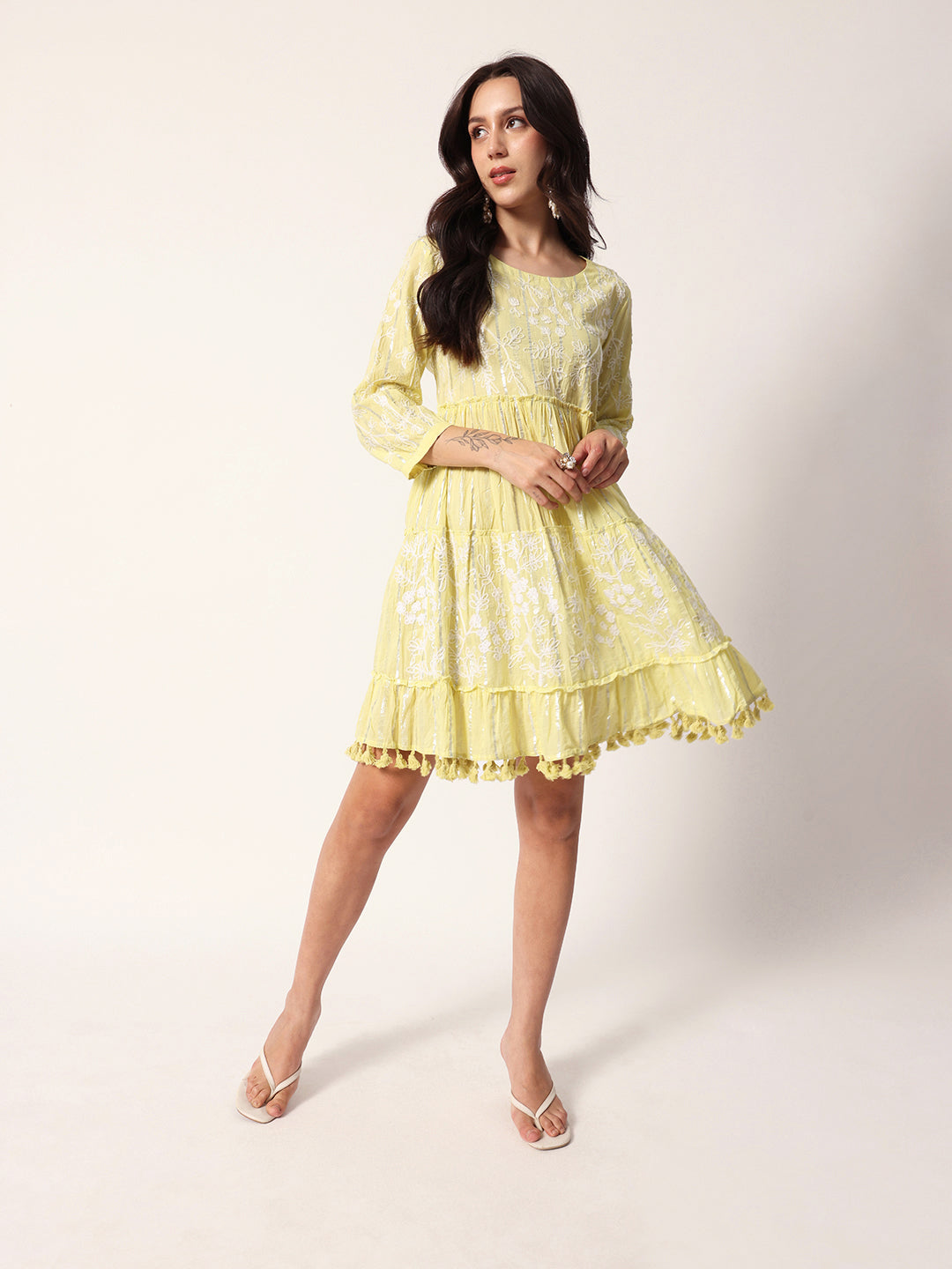 Ishin Women Yellow Cotton Dress