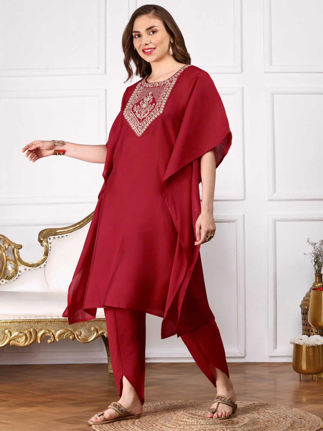 Graceful Red polyester zari embroidered Kaftan kurta set