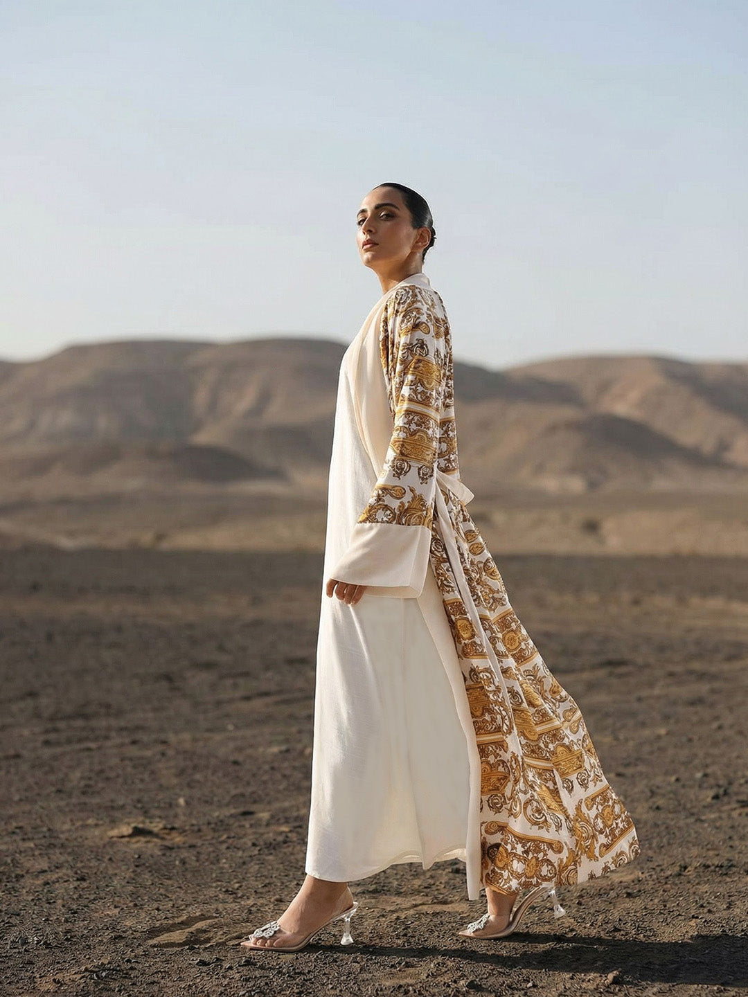 Rich Printed Woven Longline Offwhite Abaya with Hijab