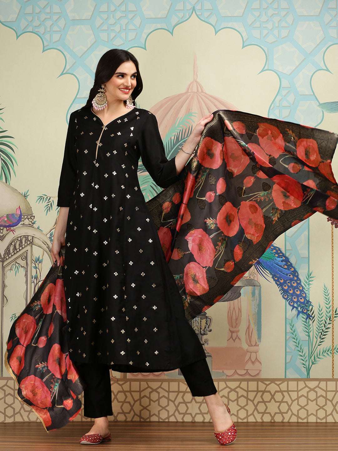 Silk Blend Zari Embroidered Black A-Line Kurta Set With Straight Bottom And Printed Brocade Dupatta