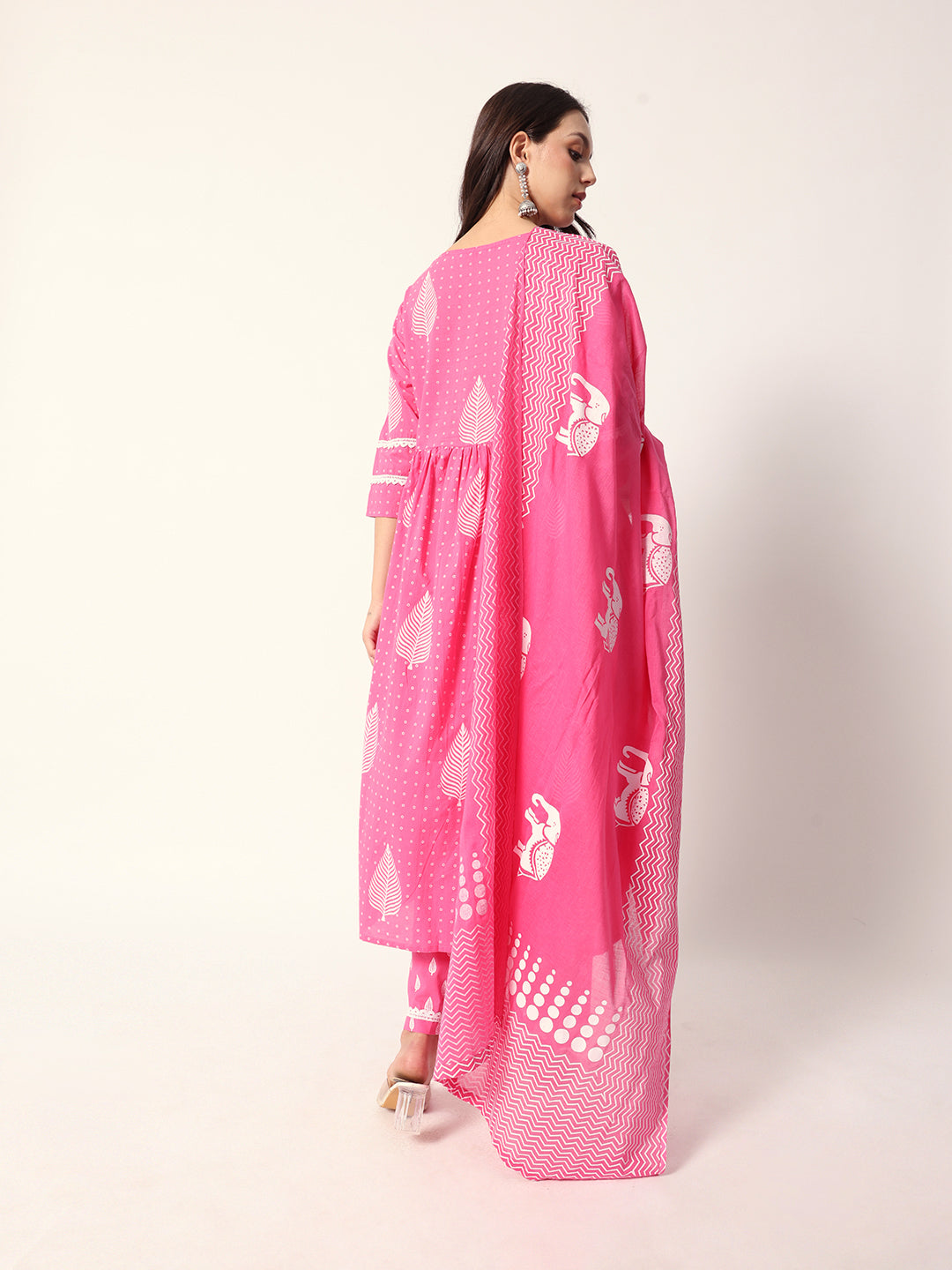 Comfy Pink cotton motif printed Aline fit kurta set with dupatta and tote bag