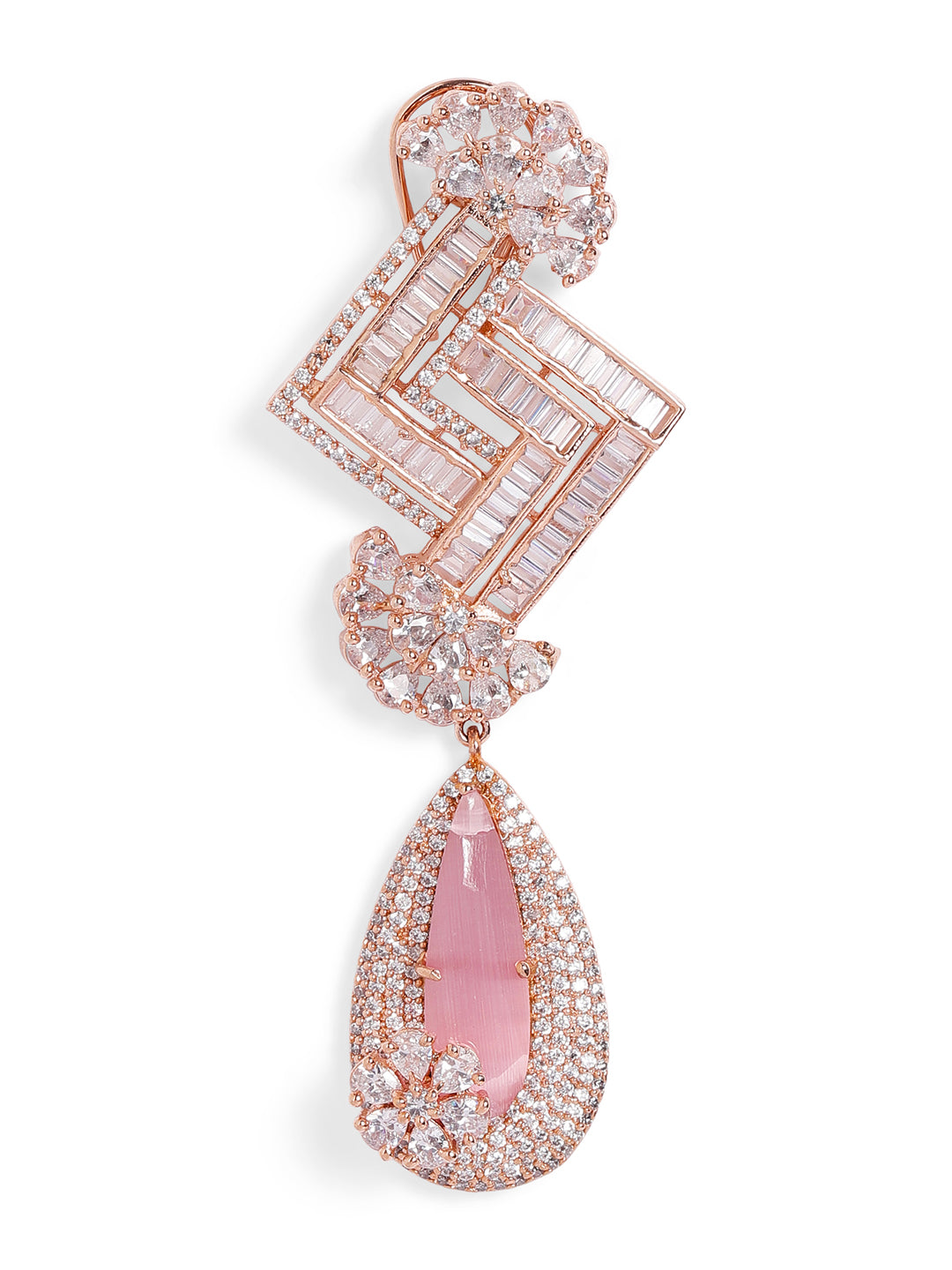 Pink Colour Rose Gold Plated AD Drop Earring