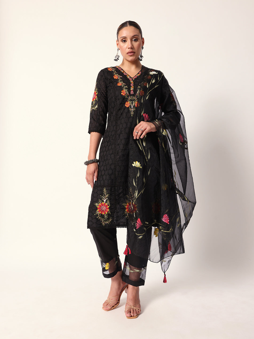 Graceful Black cotton shiffly floral embroidery straight fit kurta set with dupatta