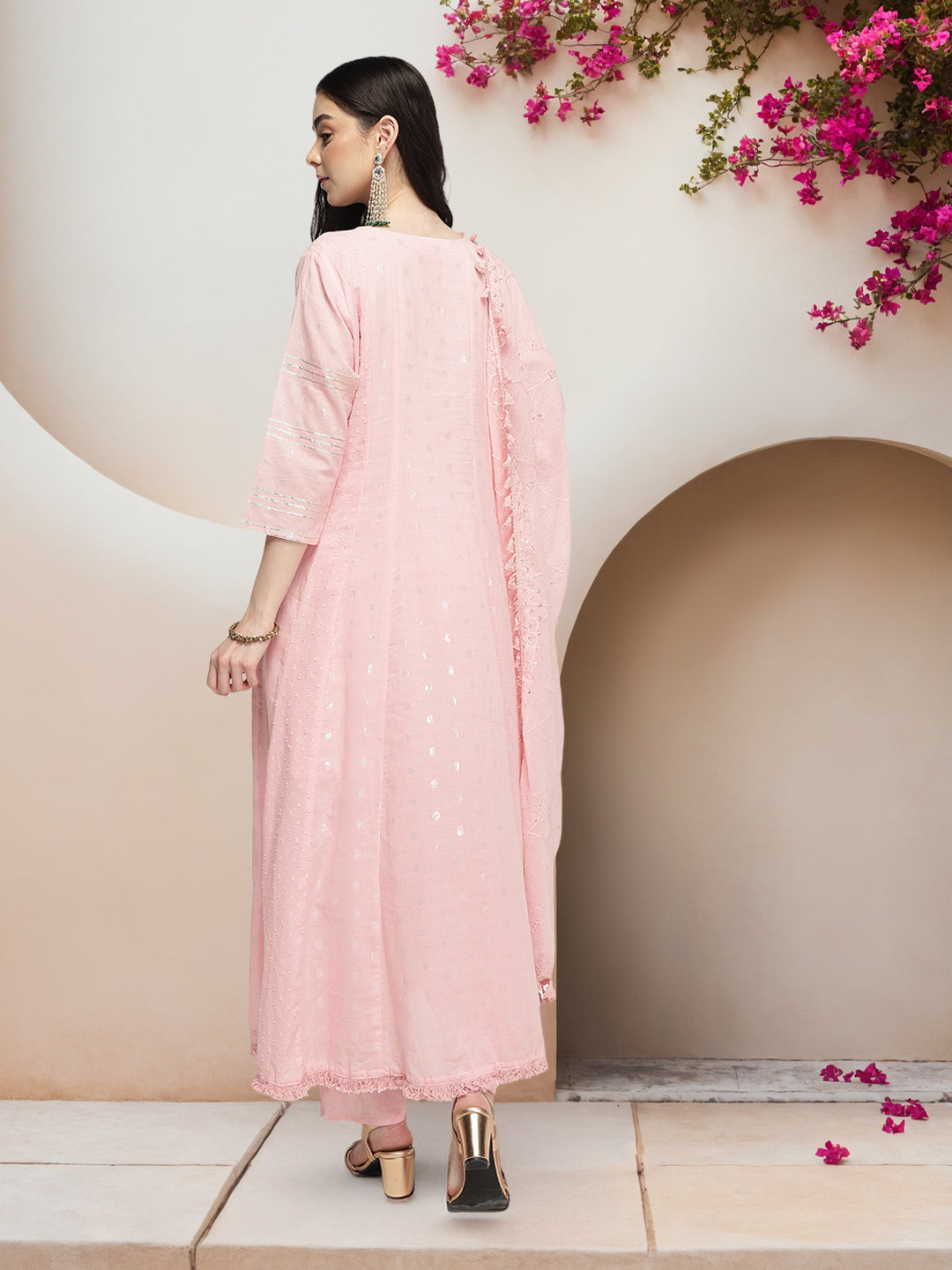Graceful Pink  Cotton Dobby Embroidered A-line Kurta Set  with tasseled dupatta