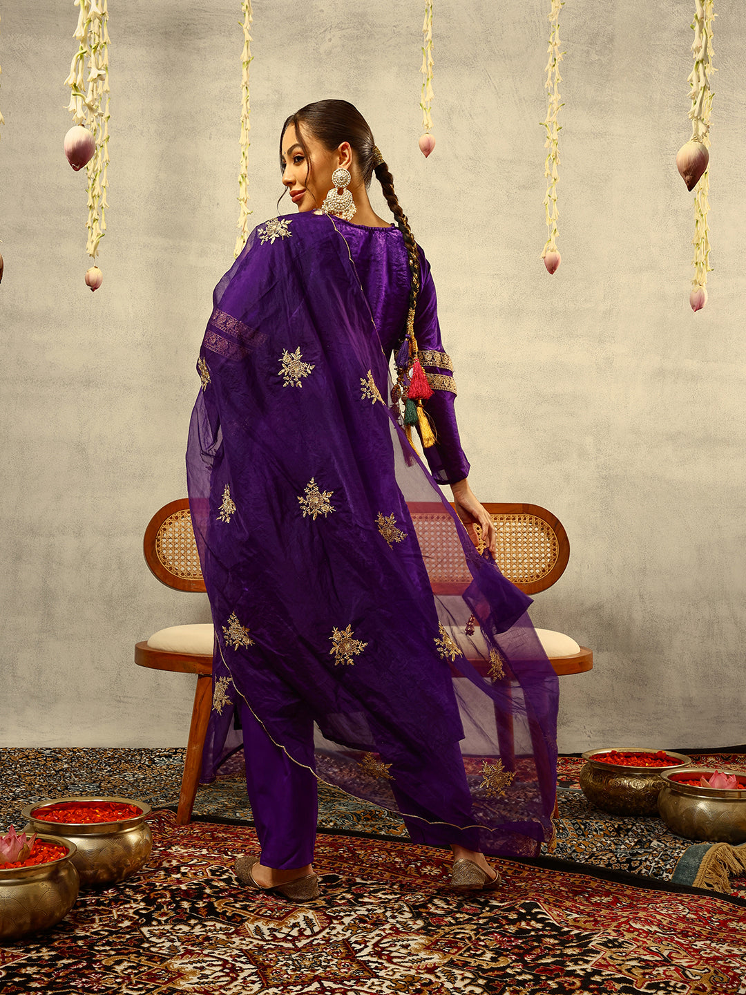 Purple Cording & Zari Embroidered Festive Kurta with Trouser & Embellished Organza Dupatta