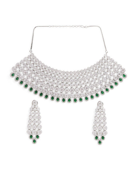 Ishin Green  Colour Silver Plated American Diamond Jewellery Set