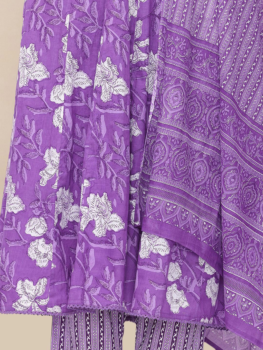 Soft Cotton Lavender Printed A-Line Kurta Set With Straight Bottom And Flowy Printed Cotton Dupatta