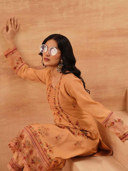 Ishin Women Orange Roman Silk 3Pcs Kurta Set