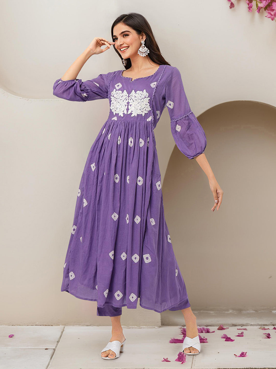 Comfy Purple Cotton Bandhani Printed A-line Fit  Kurta Set