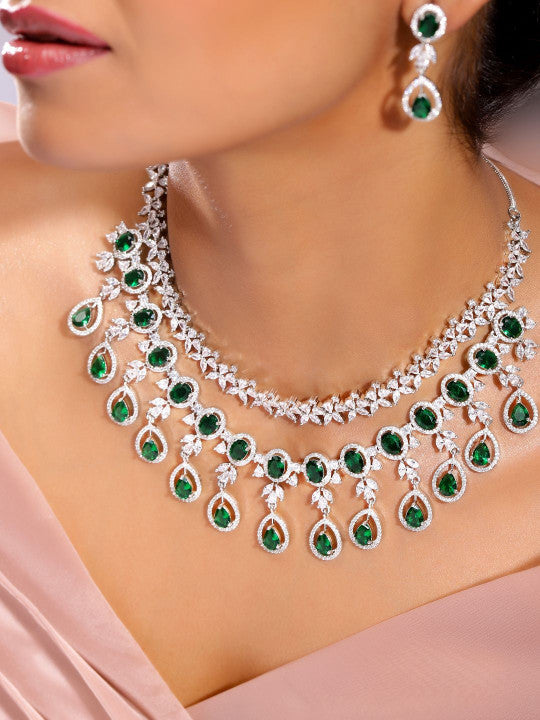 Ishin Green  Colour Silver Plated American Diamond Jewellery Set