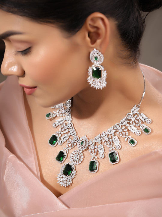 Ishin Green  Colour Silver Plated American Diamond Jewellery Set