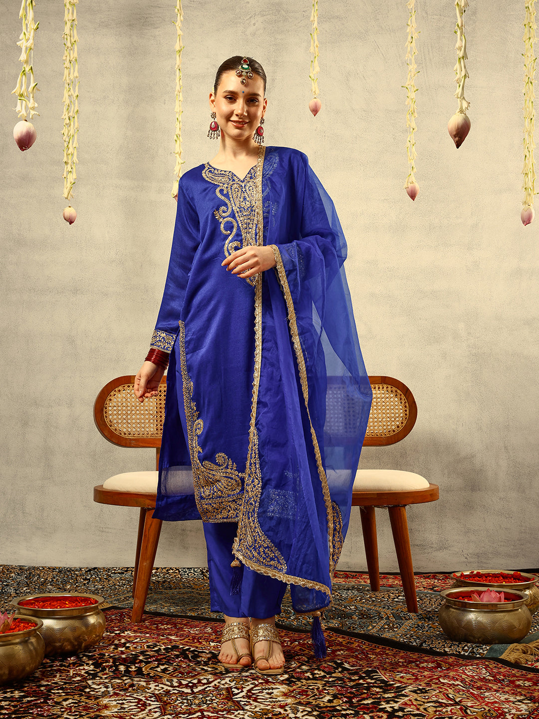 Ishin Royal Blue Cording & Zari Embroidered  Festive Kurta with Trouser & Organza Dupatta