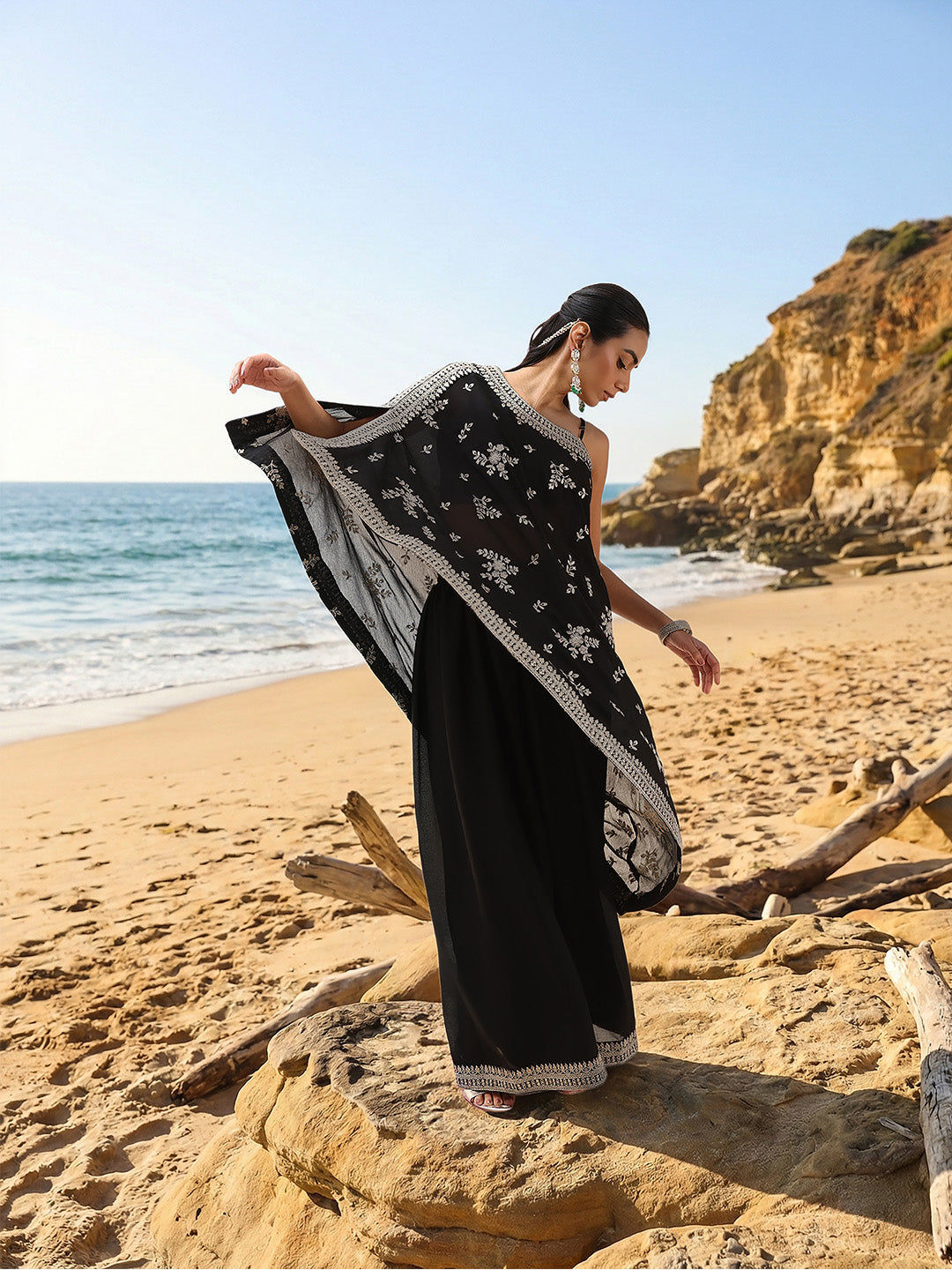 Rich Chinon Embroidered Black Embroidered A Line Co-Ords ShararaBottom