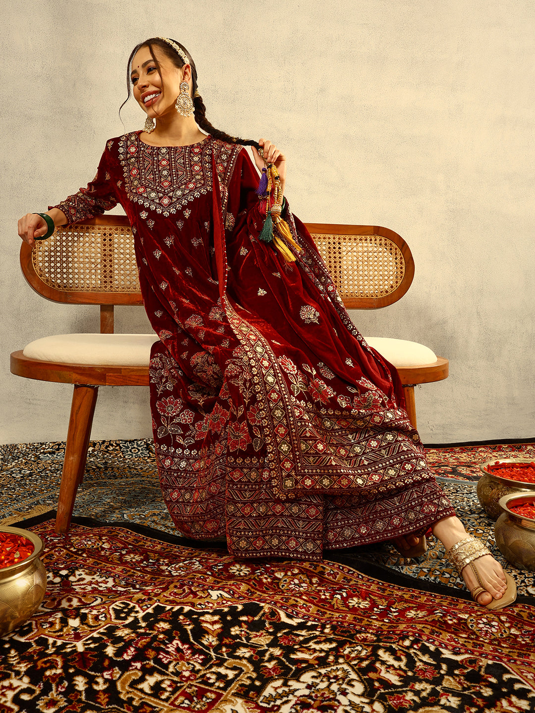 Ishin Maroon Gold Printed Anarkali Festive Kurta with Trouser & Velvet Dupatta