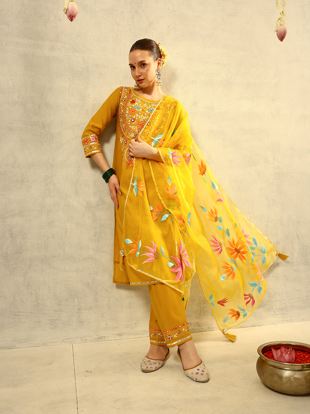 Mustard Mirror & Thread Embroidered  Festive Kurta with Trouser & hand painted Dupatta