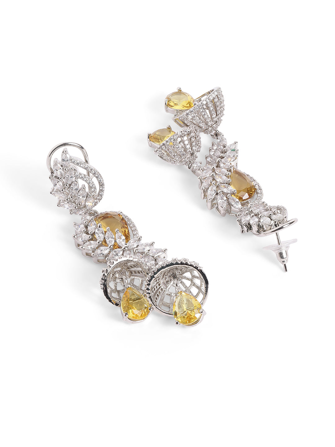 Yellow Colour Silver Plated AD Drop Earring