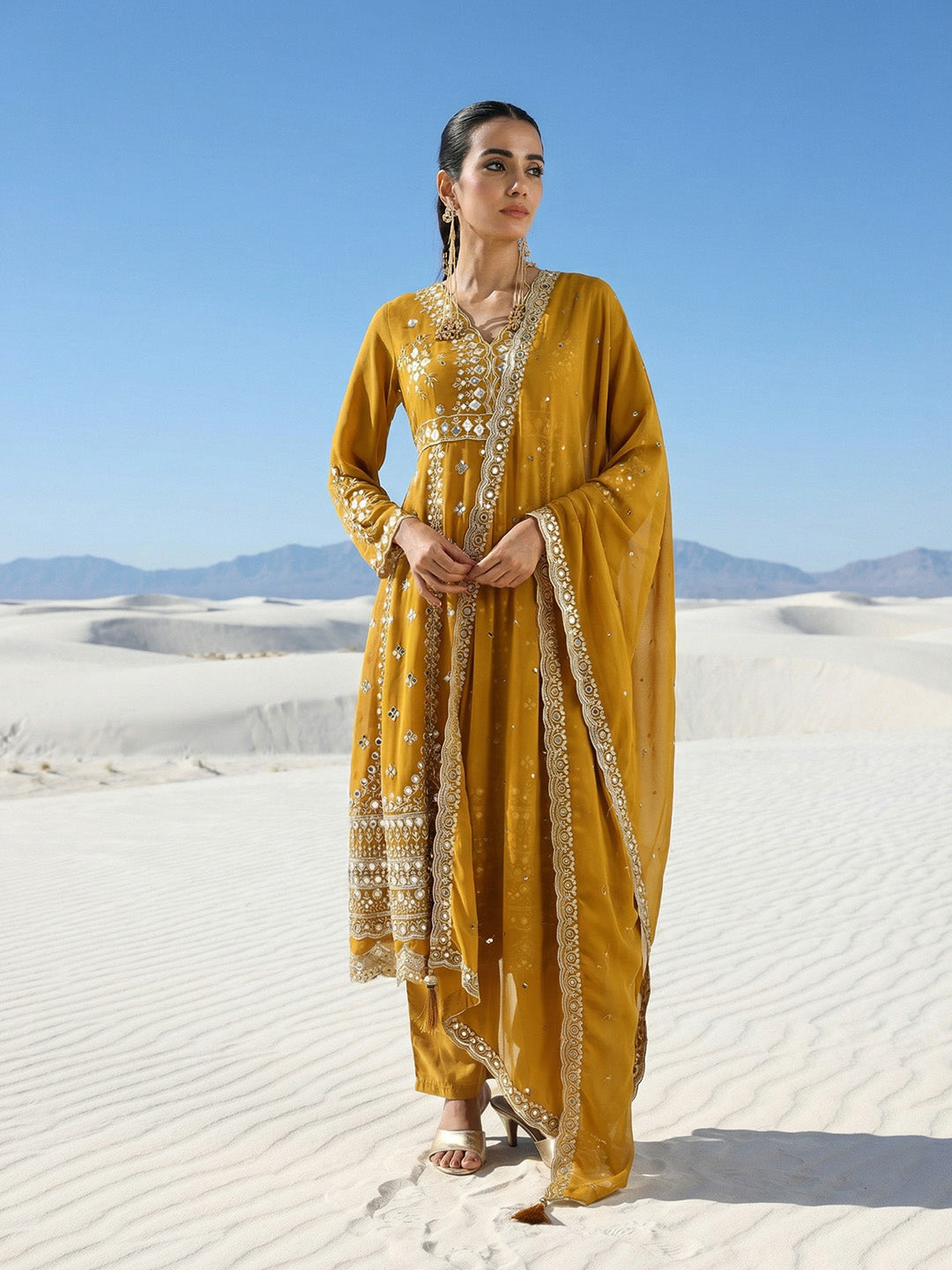 Rich Mustard Embroidered Anarkali Kurta sets