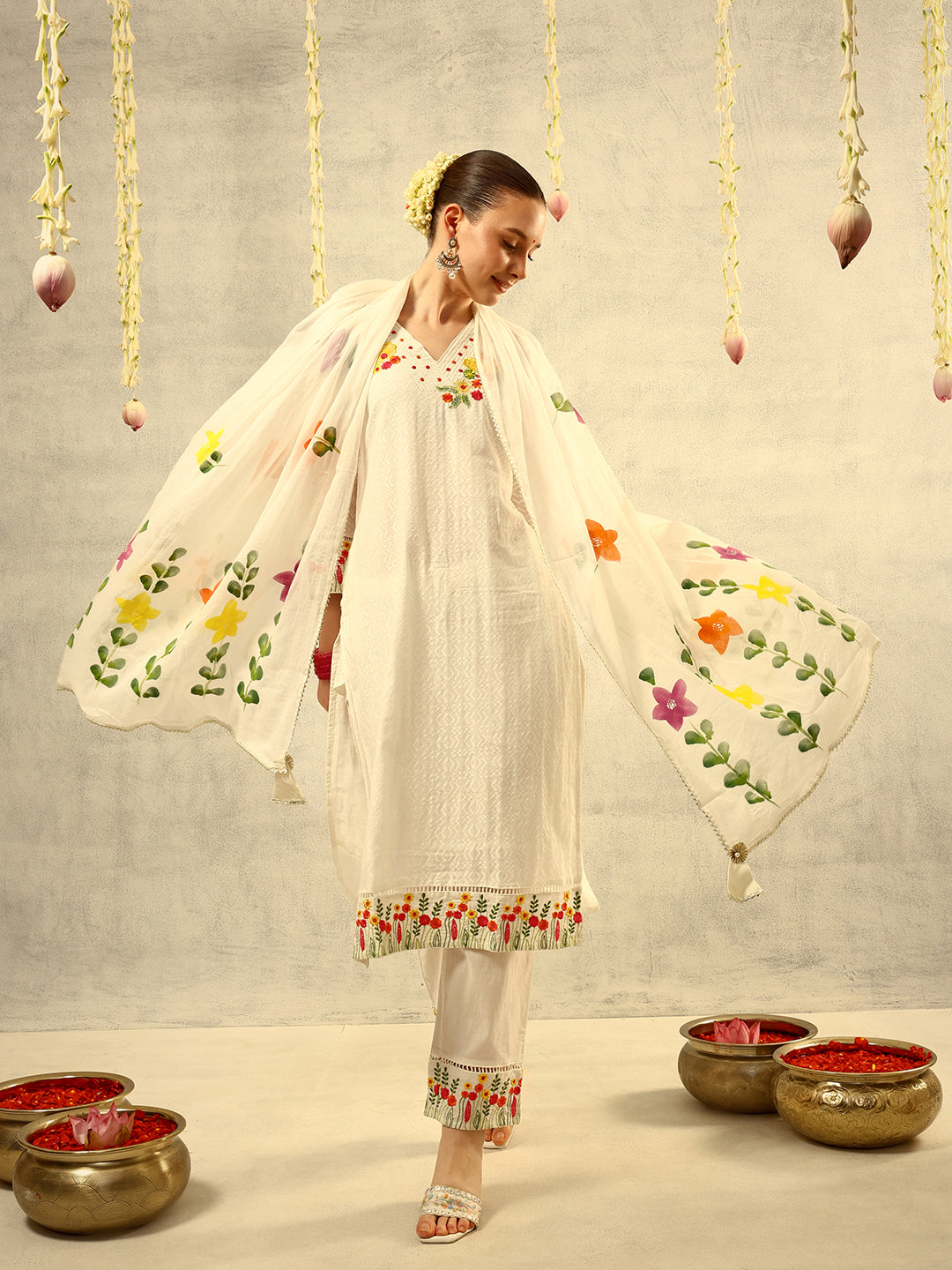 Off White Multi Coloured Thread Embroidered Kurta with Trouser and Hand Painted Dupatta