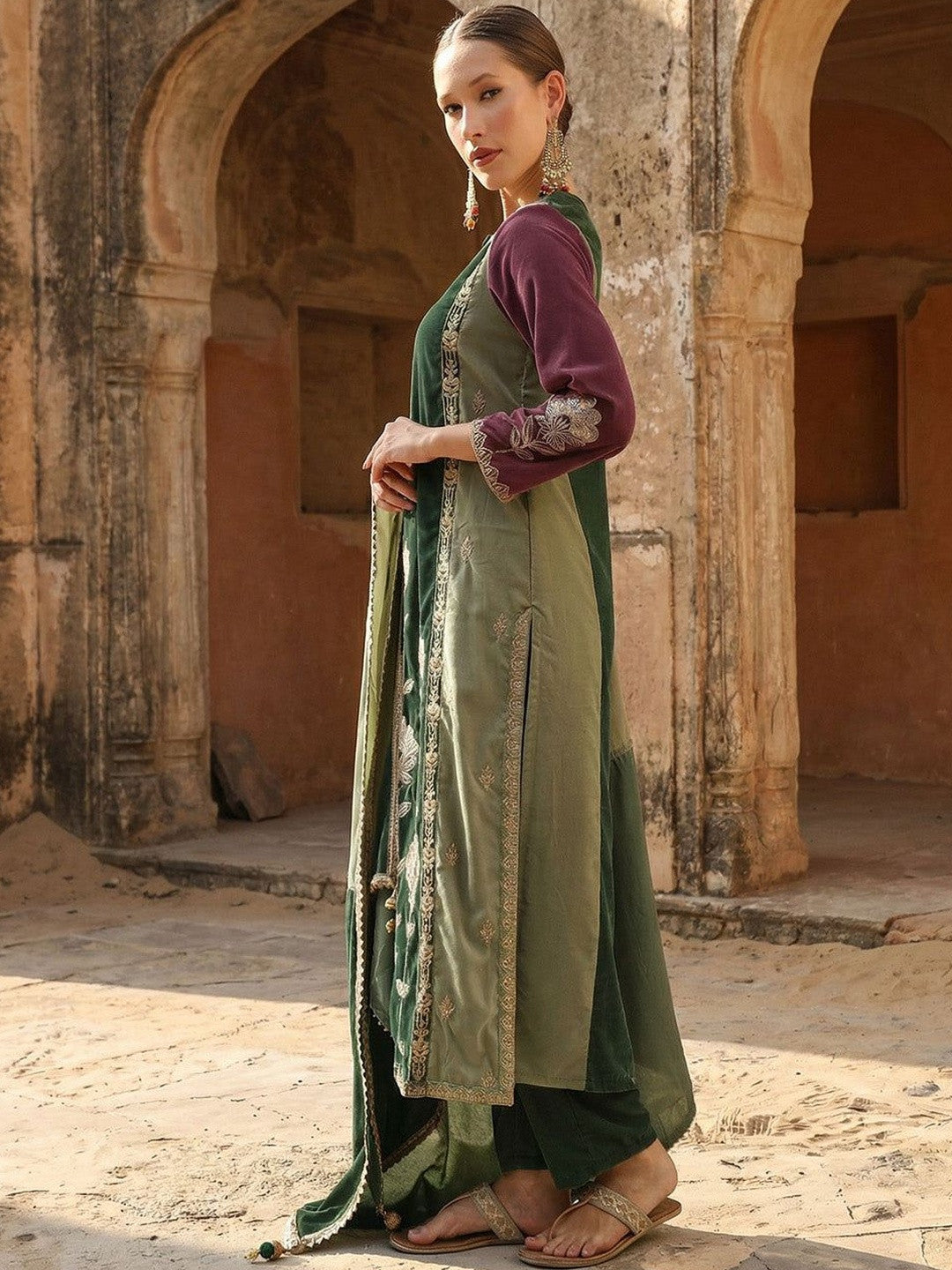 Rich Royal Green Embroidered Straight Fit Kurta sets in Velvet