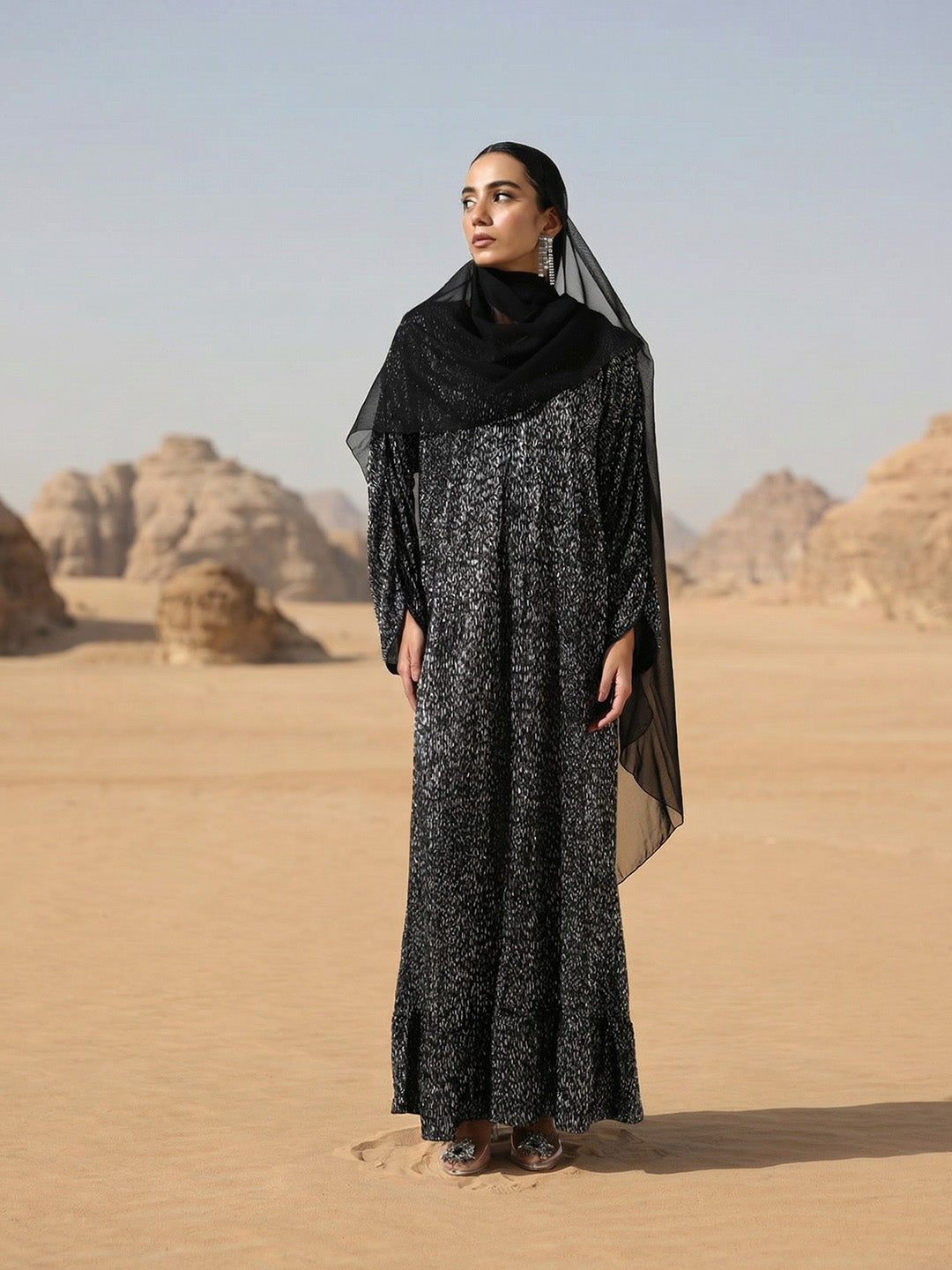 Rich  Black Printed Abaya with Hijab