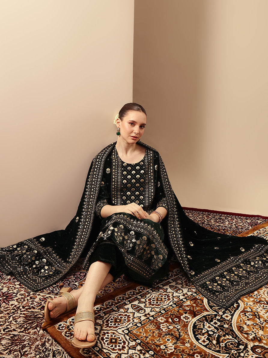Rich Dark Green Velvet Gold Print Straight Kurta sets with dupatta