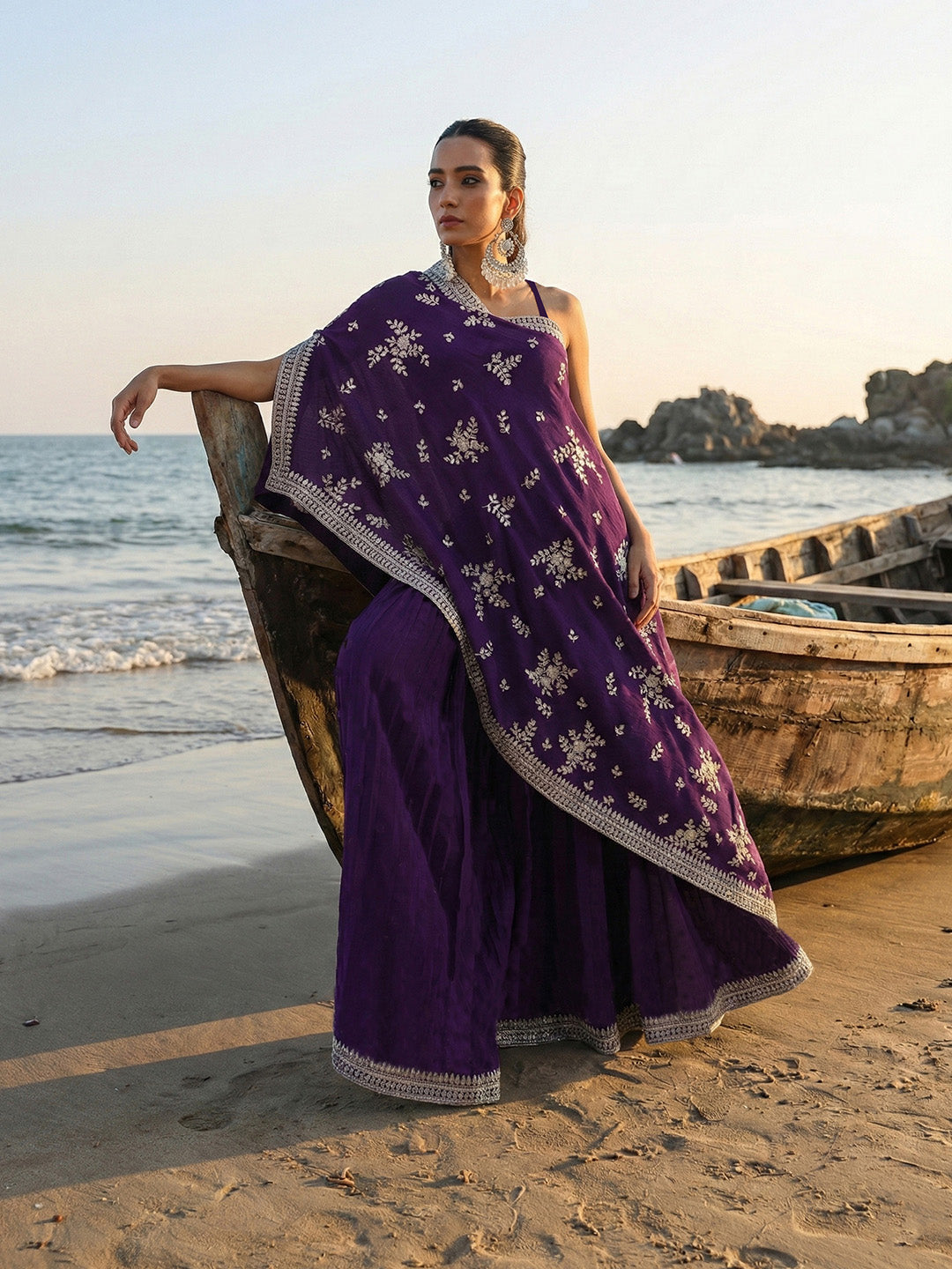 Rich Chinon Embroidered Purple Embroidered A Line Co-Ords Sharara Bottom