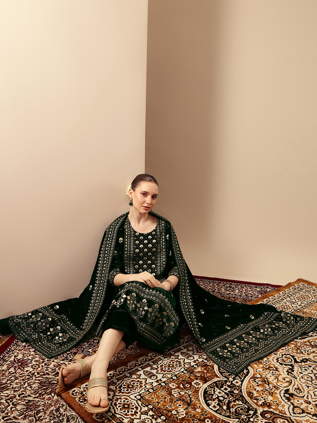 Rich Dark Green Velvet Gold Print Straight Kurta sets with dupatta