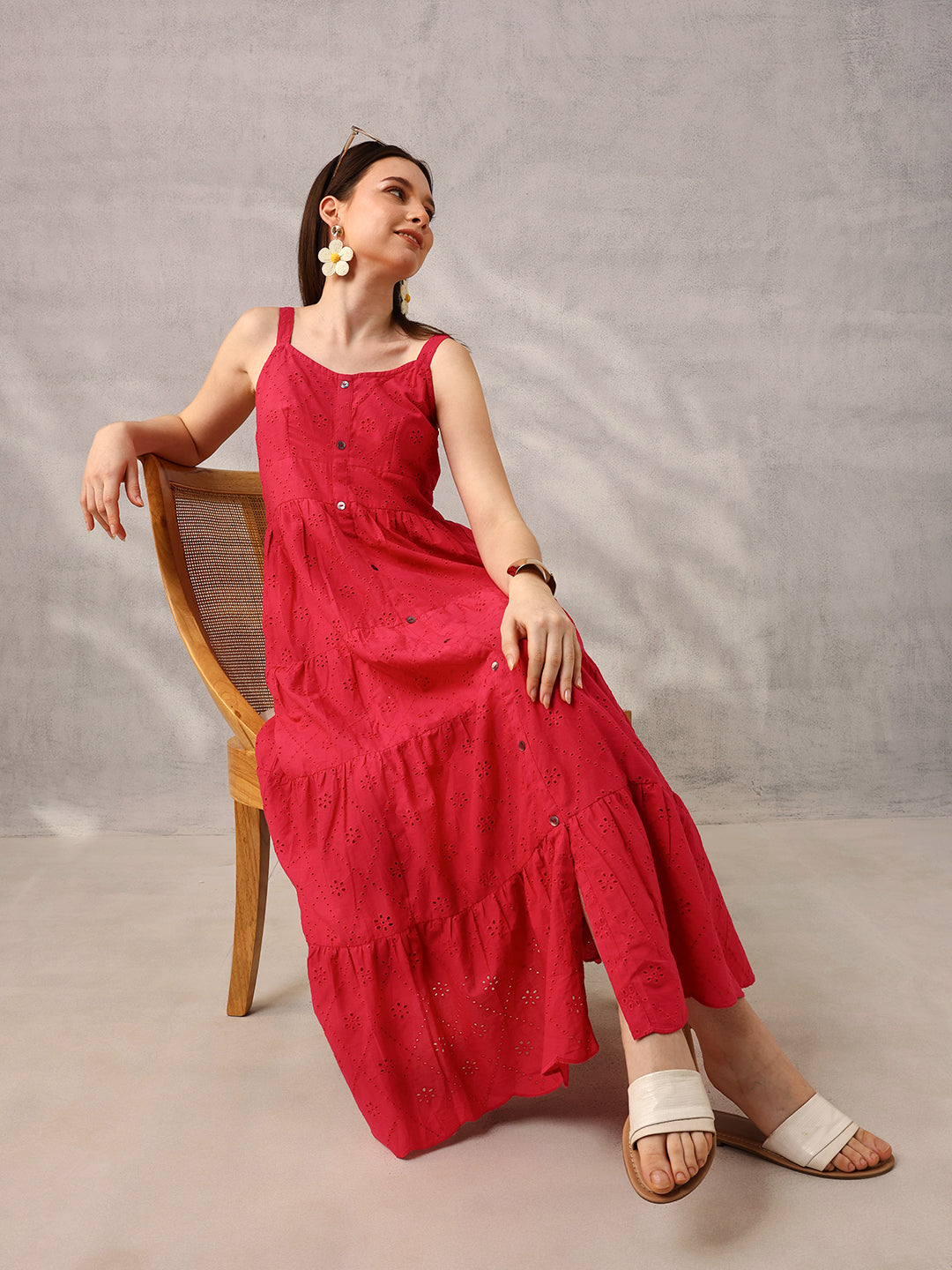 Pink Smart  Casual Schiffli Maxi Dress