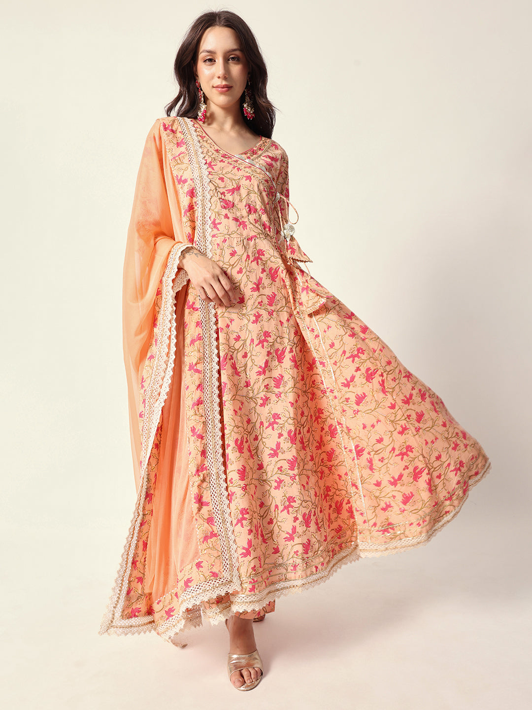 Graceful Peach cotton floral printed angrakha fit kurta set with dupatta