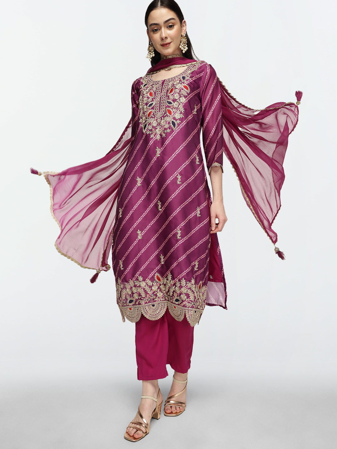 Graceful Purple Poly Silk Zari Embroidered Straight Fit  Kurta Set with dupatta