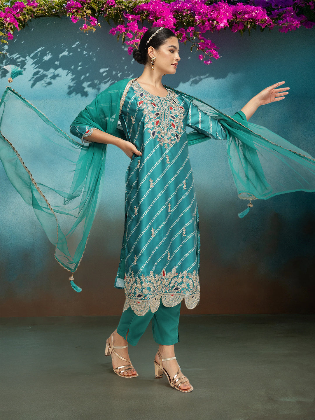 Graceful Green Poly Silk Zari Embroidered Straight Fit  Kurta Set with dupatta
