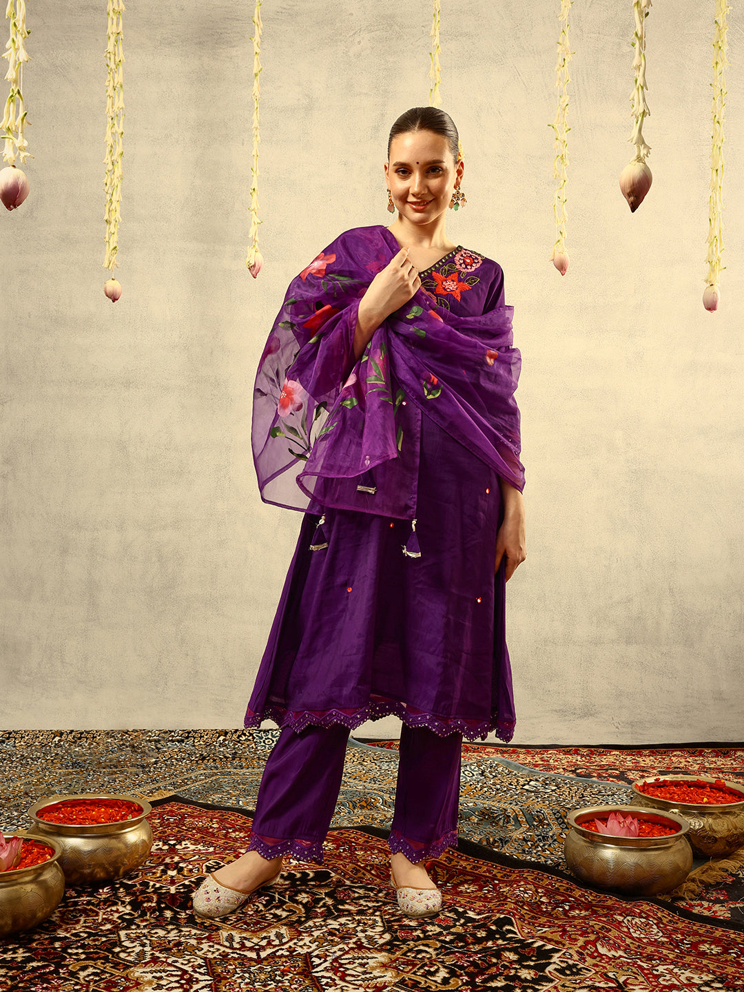 Ishin Purple Mirror & Thread Embroidered  Festive Kurta with Trouser & Hand Painted Dupatta