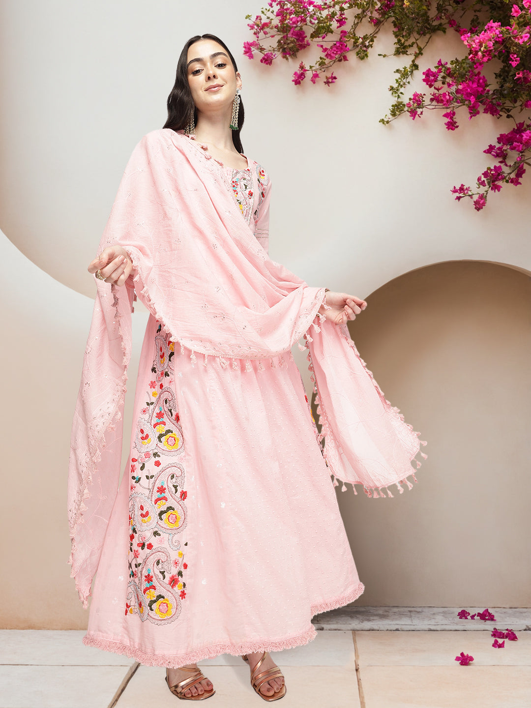 Graceful Pink  Cotton Dobby Embroidered A-line Kurta Set  with tasseled dupatta