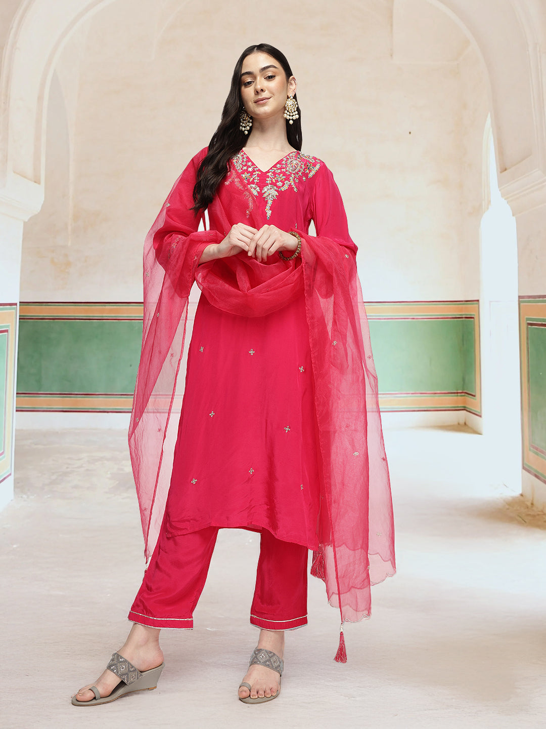 Graceful Pink Chinon Zari Embroidered Straight Fit  Kurta Set with scallop detailed dupatta