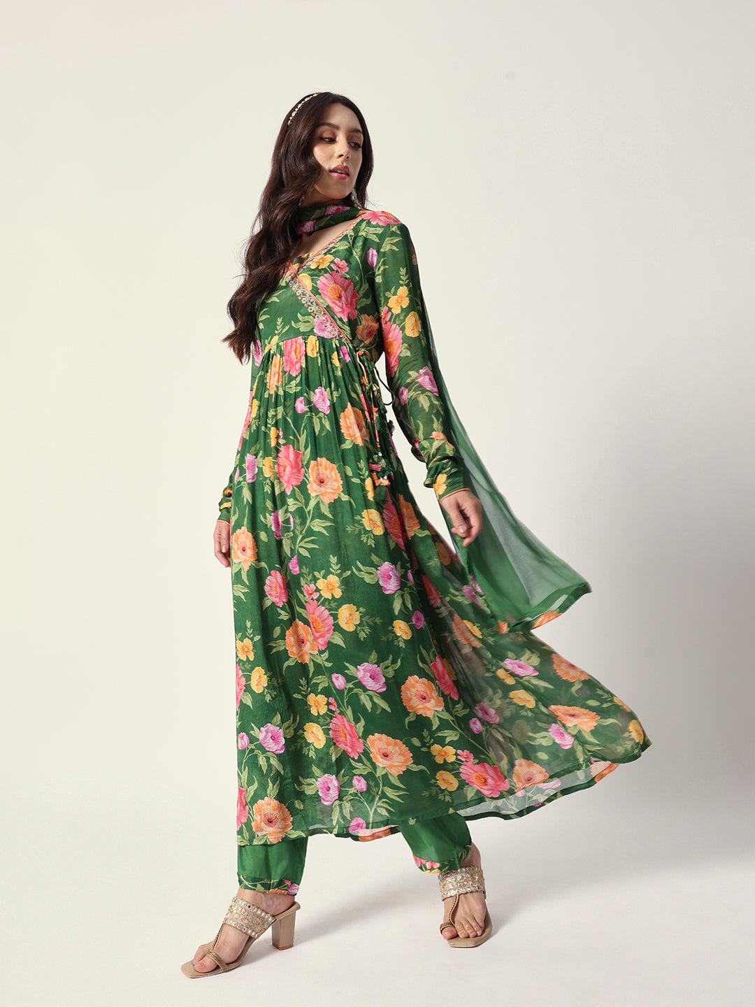 Graceful Green chinon floral printed with embroidery angrakha fit kurta set with dupatta