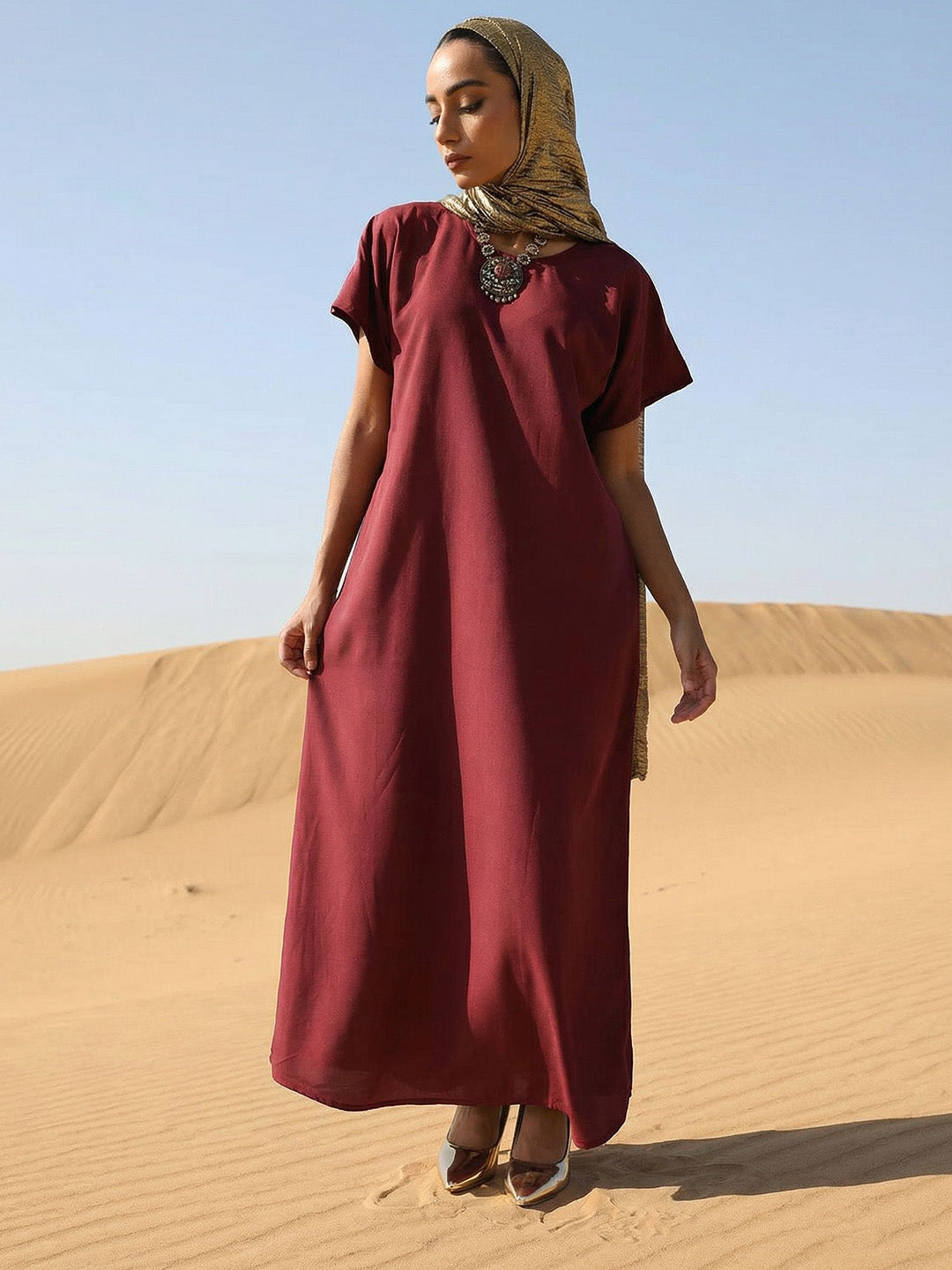 Rich Wine Relaxed Abaya With Hijab