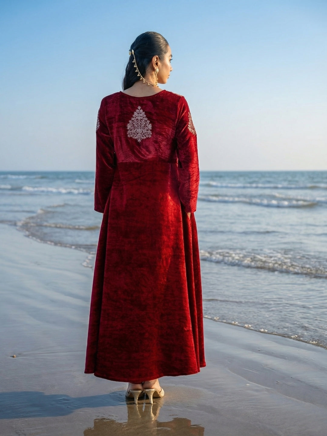 Rich Maroon Organza Patchwork Embroidered Anarkali Kurta Set